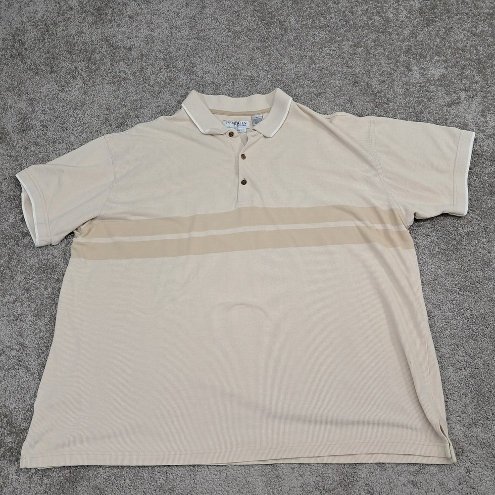 Penguin Sport Mens 3XL Beige Striped Performance Golf Polo Shirt Short Sleeve